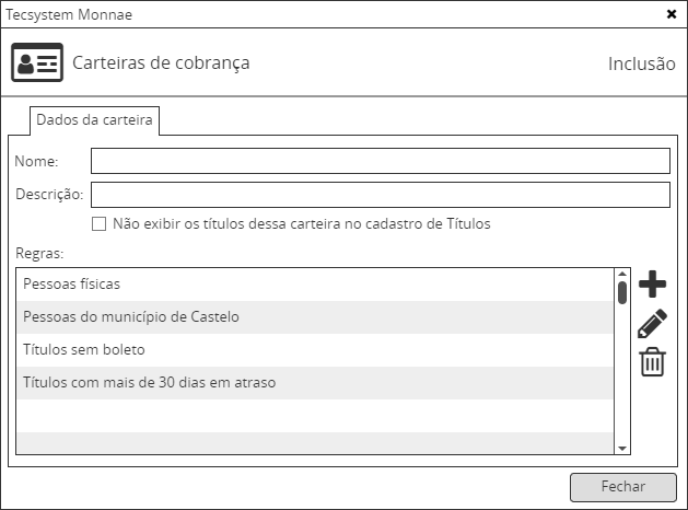Inclusão de carteira de cobrança