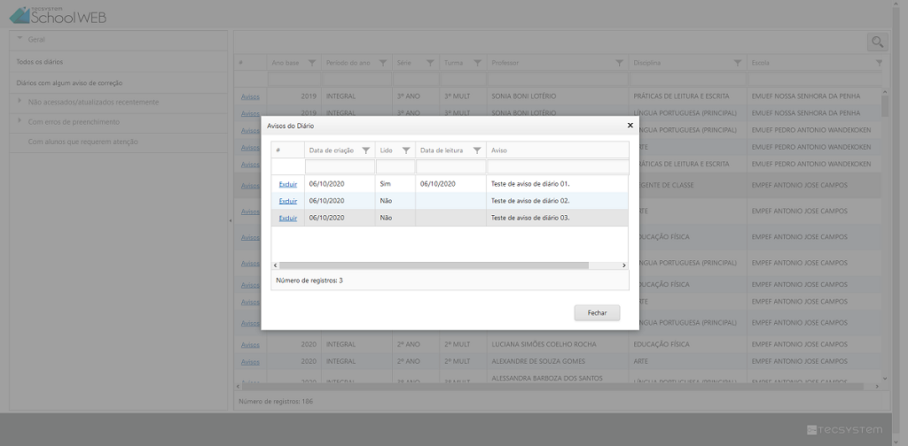Avisos de correção do diário selecionado