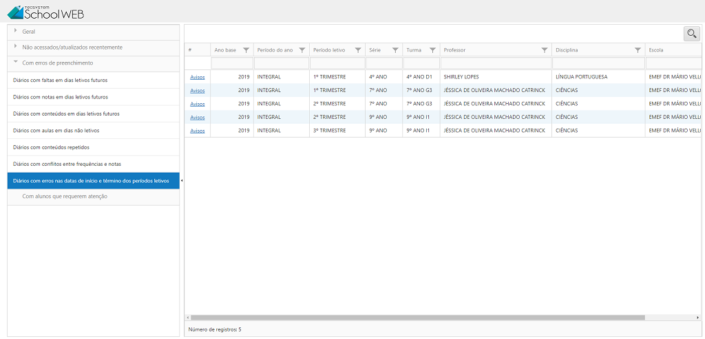 Diários com erros nas datas de início e término dos períodos letivos